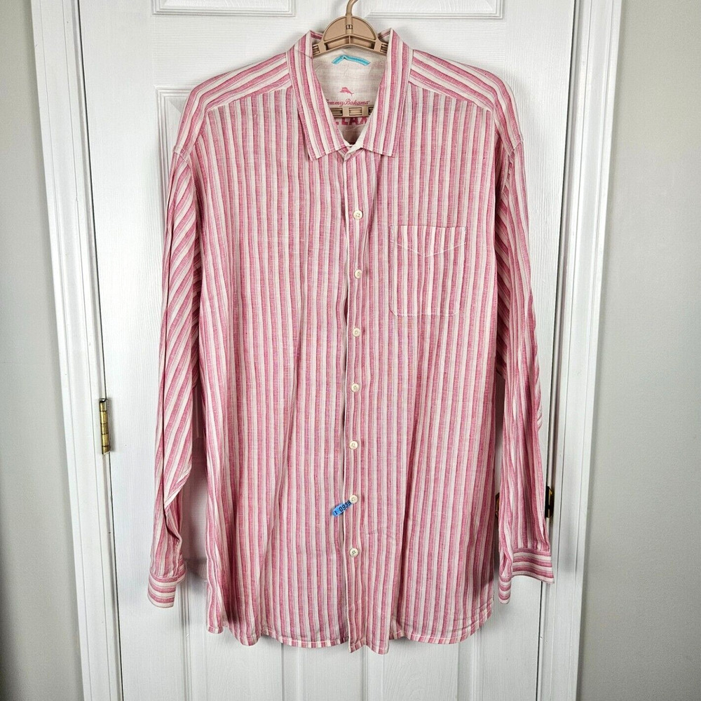 Tommy Bahama Relax 100% Linen Striped Button Down Shirt Size 3XLT Tall Casual